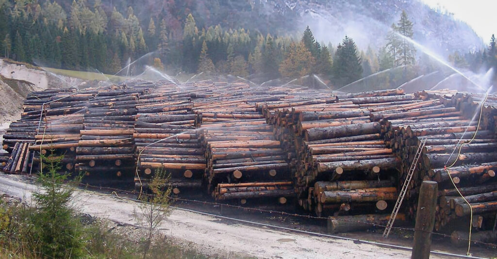 En la imagen, un parque de madera en troncos sometido a riego continuo mediante cañones de agua...